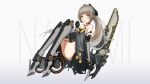  1girl absurdres bare_shoulders black_dress chainsword character_name dress flat_chest grey_eyes grey_hair hair_ornament highres holding holding_sword holding_weapon long_hair mechanical_arms mechanical_legs nanami:_pulse_(punishing:_gray_raven) nanami_(punishing:_gray_raven) open_mouth plusbrackets ponytail punishing:_gray_raven sidelocks skates sleeveless sleeveless_dress solo sword very_long_hair weapon 