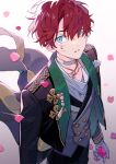  1boy amagi_hiiro aqua_eyes black_pants blood blood_on_face buttons choker commentary cowboy_shot ensemble_stars! flower gloves gradient_background jewelry long_sleeves male_focus necklace pants parted_lips petals red_hair seuga short_hair solo symbol-only_commentary white_choker white_gloves 