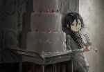  1boy black_hair buttons cake checkered_clothes checkered_scarf danganronpa_(series) danganronpa_v3:_killing_harmony double-breasted flipped_hair food food_on_face fork fruit grey_jacket grey_pants grin hair_between_eyes highres holding holding_fork indoors jacket oma_kokichi pants purple_eyes purple_hair sa_(pixiv_89232413) scarf smile solo standing strawberry teeth 