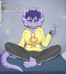 absurd_res annoyed anthro bed bedroom cellphone chat clothed clothing english_text feet female freckles furniture goodbye_volcano_high hair hi_res horn markings phone purple_body purple_hair snoot_game solo tail tail_markings text towel trish_(gvh) tzuni26 