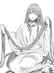  1other absurdly_long_hair androgynous barefoot commentary_request enkidu_(fate) fate/strange_fake fate_(series) greyscale kimidake long_hair monochrome other_focus robe sitting solo very_long_hair yokozuwari 