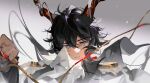  1boy akai_999 animal_ears arknights black_hair crying crying_with_eyes_open ebenholz_(arknights) epaulettes goat_boy goat_ears goat_horns grey_background hair_between_eyes highres horns looking_at_viewer male_focus purple_eyes short_hair_with_long_locks solo tears 