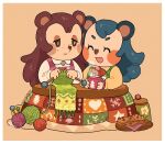  animal_crossing anthro apron ball_of_yarn blue_hair brown_hair brown_nose clothed clothing cookie digital_media_(artwork) duo eulipotyphlan eyebrows eyelashes eyes_closed food freckles fully_clothed furniture hair half-closed_eyes hedgehog holding_mug holding_object lilblueorchid mabel_able mammal mug narrowed_eyes nintendo open_mouth sable_able sewing sibling_(lore) sister_(lore) sisters_(lore) smile snout table tan_body yarn 