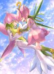  2girls blue_sky boots detached_sleeves digimon digimon_(creature) dress flower flying from_side green_footwear green_sleeves hair_vines highres knee_boots leaf_wings lilamon lilimon multiple_girls nagoshi nail_polish open_mouth outdoors petals pink_dress plant sky smile thorns 