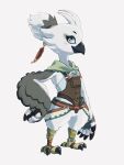  1boy animal_feet ankleband arm_at_side armor bandana beak bird_boy bird_legs blue_eyes blush blush_stickers body_fur claws closed_mouth commentary feather_hair_ornament feathers full_body furry furry_male green_bandana grey_fur grey_hair grey_wings hair_ornament hair_tie hand_on_own_hip highres looking_at_viewer male_focus multicolored_hair profile red_feathers riku_(ri1k63) rito short_hair simple_background solo standing the_legend_of_zelda the_legend_of_zelda:_tears_of_the_kingdom tulin_(zelda) two-tone_fur two-tone_hair white_background white_fur white_hair winged_arms wings 