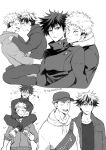  2boys :d anger_vein baseball_cap blush buttons carrying closed_eyes closed_mouth commentary_request facial_mark full-face_blush fushiguro_megumi gakuran hat high_collar hood hood_down hoodie hug itadori_yuuji jacket jujutsu_kaisen long_sleeves looking_at_another male_focus monochrome multiple_boys pants school_uniform shoes short_hair shoulder_carry smile spiked_hair twitter_username undercut yaoi youjo_(kurukuru9696) 