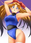  1girl absurdres armpits arms_up athletic_leotard blue_eyes blue_leotard blush breasts brown_hair commentary_request gloves groin highleg highleg_leotard highres leotard long_hair looking_at_viewer nanao_futaba numan_athletics open_mouth own_hands_together red_gloves sharon_les_halles solo thighhighs thighs twintails white_thighhighs 