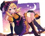  1girl alternate_costume blonde_hair boots broom broom_riding closed_mouth crescent_moon dress drill_hair earrings elbow_gloves fire_emblem fire_emblem_awakening gloves gogatsu_(yeaholiday) halloween_costume hat highres jewelry lantern long_hair looking_at_viewer maribelle_(fire_emblem) moon puffy_short_sleeves puffy_sleeves purple_gloves short_sleeves smile solo star_(sky) star_(symbol) witch_hat 