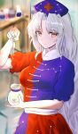  1girl absurdres bangs blurry blurry_background closed_mouth commentary constellation_print dress grey_hair hand_up hat highres holding_pipette lips long_hair looking_at_viewer nurse_cap nyarocks parted_bangs pipette purple_dress purple_headwear red_dress smile solo touhou two-tone_dress upper_body very_long_hair yagokoro_eirin yellow_eyes 