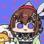  1girl ankimo_(tokino_sora) birthday_cake blue_eyes blush brown_hair cake chibi diamond_hair_ornament food hair_flaps hair_ornament hair_ribbon happy_birthday hat headphones headphones_around_neck hololive jazz_jack long_hair lowres open_mouth party_hat ribbon star_(symbol) star_hair_ornament tokino_sora virtual_youtuber 