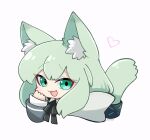  1girl animal_ears arknights bangs cat_ears cat_tail chibi green_eyes green_hair grey_background harmonie_(arknights) highres infection_monitor_(arknights) looking_at_viewer medium_hair mooootmt simple_background smile solo tail 