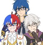  3boys alear_(fire_emblem) alear_(male)_(fire_emblem) blue_eyes blue_hair brown_gloves fire_emblem fire_emblem:_new_mystery_of_the_emblem fire_emblem_awakening fire_emblem_engage glasses gloves hair_between_eyes highres kris_(fire_emblem) kris_(male)_(fire_emblem) looking_at_viewer male_focus monocle multicolored_hair multiple_boys red_eyes red_hair robin_(fire_emblem) robin_(male)_(fire_emblem) short_hair smile tongue tongue_out two-tone_hair white_background white_hair zuzu_(ywpd8853) 
