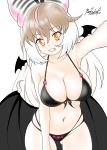  1girl animal_ears bat_ears bat_girl bat_wings beelzebufofrog bikini black_bikini breasts brown_eyes brown_hair brown_long-eared_bat_(kemono_friends) extra_ears grey_hair highres kemono_friends kemono_friends_v_project large_breasts long_hair looking_at_viewer simple_background solo swimsuit virtual_youtuber wings 