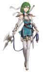  1girl absurdres aqua_dress armor belt boots breastplate dress ebinku elbow_gloves fire_emblem fire_emblem:_thracia_776 gloves green_eyes green_hair halberd headband highres holding holding_polearm holding_weapon looking_at_viewer misha_(fire_emblem) pauldrons polearm short_hair shoulder_armor weapon white_footwear white_gloves 