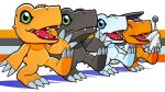 agumon agumon_(black) agumon_hakase artist_request digimon digimon_(creature) hat holding holding_pointer lab_coat leg_up mortarboard no_humans official_art open_mouth pointer sleeves_past_fingers sleeves_past_wrists striped striped_background walking yukiagumon 