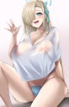  1girl asuna_(blue_archive) blonde_hair blue_archive blue_eyes blue_panties blue_ribbon blush breasts cleavage covered_nipples hair_ornament hair_ribbon halo hand_up highres ibara_azuki large_breasts long_hair looking_at_viewer mole mole_on_breast open_mouth panties ribbon see-through shirt short_sleeves sitting smile solo thighs underwear white_shirt 