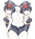  2girls :d ass ass-to-ass asymmetrical_hair black_hair black_one-piece_swimsuit brown_eyes character_name cowboy_shot hair_between_eyes hat i-13_(kancolle) i-14_(kancolle) kantai_collection multiple_girls neckerchief one-piece_swimsuit open_mouth sailor_collar sailor_shirt school_swimsuit shigino_sohuzi shirt short_hair sleeveless sleeveless_shirt smile swimsuit white_sailor_collar 