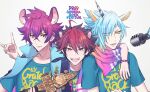  3boys animal_ears black_hair blue_hair crow_(show_by_rock!!) dog_boy dog_ears highres horns horse_ears looking_at_viewer male_focus mel6969 multicolored_hair multiple_boys raccoon_boy raccoon_ears red_eyes red_hair rikao_(show_by_rock!!) short_hair show_by_rock!! single_horn titan_(show_by_rock!!) unicorn_boy white_background yellow_eyes 