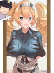  1girl absurdres admiral_(kancolle) blonde_hair blue_eyes blue_shirt blush body_switch breast_pocket breasts commission dangan_kurabu gambier_bay_(kancolle) gloves grabbing_own_breast hair_between_eyes hairband high_side_ponytail highres kantai_collection large_breasts long_hair mirror multicolored_clothes multicolored_gloves open_mouth personality_switch pocket shirt short_sleeves signature skeb_commission solo twintails 