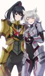  1girl amiibo animal_ears armor armored_bodysuit black_hair blue_eyes cat_ears chest_jewel doiparuni figure gloves grey_hair highres looking_at_viewer m_(xenoblade) mio_(xenoblade) n_(xenoblade) noah_(xenoblade) official_alternate_costume open_mouth ponytail short_hair shoulder_armor smile xenoblade_chronicles_(series) xenoblade_chronicles_3 