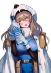  1girl :p absurdres alcohol andreanof_pepesha blue_dress blue_eyes blush bottle breasts brown_hair bukimi_isan copyright_name cowboy_shot dress fur_collar gloves hands_up highres holding holding_bottle large_breasts long_hair long_sleeves official_art pouch shy_(series) smile solo spirits_(shy) tongue tongue_out translation_request vodka white_gloves white_headwear 