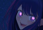  1girl :d absurdres bullman_blue close-up commentary_request glowing glowing_eyes highres hoshino_ai_(oshi_no_ko) light_blush looking_at_viewer looking_back night night_sky open_mouth oshi_no_ko outdoors partial_commentary pink_eyes portrait purple_eyes purple_hair sidelocks sky smile solo star_(sky) star_(symbol) star_in_eye starry_sky symbol_in_eye teeth 