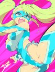  1girl aetherion blonde_hair blue_leotard breasts clothing_cutout elbow_cutout frilled_leotard frills from_below highres large_breasts leotard long_hair mask open_mouth rainbow_mika shoulder_cutout signature solo street_fighter twintails wrestler wrestling_mask wrestling_outfit 