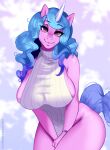  absurd_res anthro bedroom_eyes big_breasts big_butt blue_hair breasts butt curvaceous curvy_body curvy_female curvy_figure digital_media_(artwork) equid equine female friendship_is_magic hair half-closed_eyes hasbro hi_res horn horse huge_breasts huge_butt izzy_moonbow_(mlp) looking_at_viewer mammal mlp_g5 my_little_pony narrowed_eyes pony purple_body purple_eyes seductive simple_background smile solo tail thick_thighs unicorn voluptuous wide_hips zhadart 