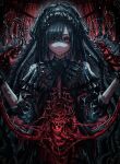  1girl arm_tattoo blood blood_from_mouth gothic gothic_lolita guro headdress highres lolita_fashion looking_at_viewer original piercing red_eyes tattoo yu-ki_iwata 