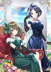  2girls blue_hair dress elbow_gloves forehead gloves green_hair hair_ornament hayami_kanade heterochromia highres idolmaster idolmaster_cinderella_girls jewelry multiple_girls necklace off_shoulder parted_bangs ribbon short_hair side_slit sutoroa takagaki_kaede 