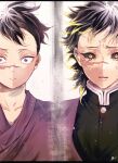  2boys age_comparison aged_down black_hair black_sclera blonde_hair child closed_mouth colored_sclera colored_tips crying demon_slayer_uniform dual_persona floating_hair frown highres japanese_clothes kai_mtitsu kimetsu_no_yaiba kimono letterboxed long_sleeves looking_at_viewer male_child male_focus medium_hair mohawk multicolored_hair multiple_boys parted_lips portrait purple_eyes purple_kimono purple_vest scar scar_on_face scar_on_nose shinazugawa_genya short_hair spoilers straight-on streaked_hair vest white_background yellow_eyes 