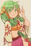  1girl breasts closed_mouth feena_(grandia) grandia grandia_i green_eyes green_hair hair_ornament hair_tubes long_hair looking_at_viewer low-tied_long_hair midriff navel open_mouth simple_background skirt smile solo stamac_jack wide_sleeves 