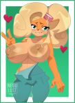  &lt;3 2023 4_fingers activision anthro areola bandicoot big_breasts biped blonde_hair breasts clothing coco_bandicoot crash_bandicoot_(series) digital_media_(artwork) eyewear eyewear_on_head female fingers front_view gesture goggles goggles_on_head green_eyes hair hi_res huge_breasts looking_at_viewer mammal marsupial negullust nipples overalls overalls_down overalls_only portrait smile smiling_at_viewer solo three-quarter_portrait v_sign 