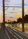  blue_sky building city highres no_humans original painting_(medium) pastel_(medium) power_lines railroad_tracks sakaue111 scenery sky sunset traditional_media utility_pole window 