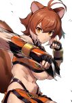  1girl abs animal_ears bare_shoulders blazblue breasts brown_hair crop_top fingerless_gloves gloves looking_at_viewer makoto_nanaya punching solo sowel_(sk3) squirrel_ears squirrel_girl squirrel_tail tail upper_body white_background 