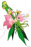  boots detached_sleeves digimon digimon_(creature) dress fairy flower fujihana_(mugenpixel) full_body green_footwear green_sleeves hair_vines highres knee_boots leaf_wings lilimon looking_at_viewer monster_girl nail_polish open_mouth petals pink_dress plant plant_girl simple_background solo white_background 