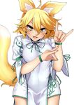  1girl ahoge animal_ears blonde_hair commentary cowboy_shot double_fox_shadow_puppet fox_ears fox_girl fox_shadow_puppet fox_tail hair_between_eyes highres kitsune kudamaki_tsukasa looking_at_viewer open_mouth rihito_(usazukin) simple_background solo tail touhou white_background white_romper yellow_eyes 