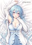  1girl :d arm_up bare_shoulders bed_sheet blue_dress blue_hair blush breasts cleavage collarbone collared_shirt copyright_request dress dress_shirt fins frilled_dress frills hagino_kouta hair_between_eyes hand_up head_fins long_sleeves looking_at_viewer medium_breasts mole mole_under_eye official_art open_clothes open_shirt purple_eyes shirt sleeveless sleeveless_dress sleeves_past_wrists smile solo twitter_username virtual_youtuber white_shirt 