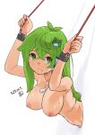  1girl antenna_hair blush bound bound_wrists breasts closed_mouth commentary_request crossed_bangs dated frog_hair_ornament green_eyes green_hair hair_between_eyes hair_ornament kei_jiei kochiya_sanae large_breasts long_hair looking_at_viewer medium_bangs nipples nose_blush shiny_skin single_hair_tube single_sidelock snake_hair_ornament solo sweat through_wall touhou upper_body wavy_hair white_background 