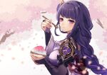  1girl artist_name braid braided_ponytail bridal_gauntlets cherry_blossoms eating food from_side genshin_impact hair_ornament highres holding holding_spoon japanese_clothes long_hair looking_at_viewer purple_eyes raiden_shogun reia_hana shaved_ice solo spoon upper_body 