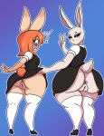  absurd_res alternate_costume anthro anus big_butt bottomwear bubble_butt bundroid butt clothed clothing clothing_lift cotton_tail dress duo fat_mons female female/female genitals hi_res juno_(tabunnie) lagomorph legwear leporid looking_back mammal pitaya_taiga plump_labia puffy_sleeves pussy rabbit rear_view skirt skirt_lift tail_under_skirt thick_thighs thigh_highs tibbs y_anus 