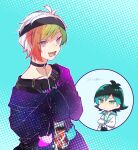  2boys anohitoha black_headwear blonde_hair blue_eyes chibi green_hair headband highres hood hoodie iida_rintarou light_green_hair lip_piercing looking_at_viewer male_focus multicolored_hair multiple_boys niimura_kou ookami_game_(studio_wasabi) open_mouth orange_hair piercing purple_eyes red_hair short_hair sleeves_past_fingers sleeves_past_wrists smile starry_sky_print white_hair 