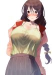  1girl absurdres arms_behind_back bakemonogatari black_hair blue_skirt blush braid breasts camisole closed_mouth collarbone cruzango0510 glasses hair_ornament hairclip hanekawa_tsubasa highres holding_own_wrist large_breasts long_hair long_sleeves monogatari_(series) naoetsu_high_school_uniform open_clothes open_shirt pleated_skirt red_eyes red_shirt round_eyewear school_uniform shirt simple_background skirt solo spaghetti_strap twin_braids white_background yellow_camisole 