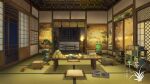  artist_logo bamboo_screen board_game bonsai candle candlestand cushion door go_(board_game) highres indoors katana no_humans original painting_(object) plant potted_plant scenery scroll shelf shouji sliding_doors sword table teapot vase weapon xingzhi_lv 
