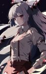 1girl arm_strap bow closed_mouth collared_shirt commentary_request cowboy_shot fujiwara_no_mokou grey_hair hair_bow hand_in_pocket highres long_hair long_sleeves looking_at_viewer red_bow red_eyes ringed_eyes shirt solo suspenders touhou two-tone_bow usuuuv very_long_hair white_bow white_shirt 
