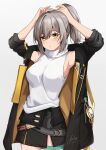  1girl absurdres alternate_hairstyle aoikito_lavender086 armpits arms_up bare_shoulders black_jacket black_skirt breasts commentary_request cowboy_shot grey_background grey_hair highres honkai:_star_rail honkai_(series) jacket large_breasts long_hair looking_at_viewer miniskirt off_shoulder open_clothes open_jacket ponytail shirt sidelocks simple_background skirt sleeveless sleeveless_shirt solo standing trailblazer_(honkai:_star_rail) white_shirt yellow_eyes 
