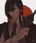  1boy animal_on_shoulder bird bird_on_shoulder bishounen black_hair black_jacket brown_vest closed_mouth collared_shirt commentary_request crow green_eyes hair_over_one_eye hair_over_shoulder hand_up highres jacket jacket_on_shoulders kagoya1219 long_bangs long_hair long_sleeves looking_at_viewer male_focus necktie open_clothes open_jacket original pinstripe_pattern pinstripe_vest red_necktie shirt signature single_sidelock solo straight_hair striped upper_body vest white_background white_shirt 