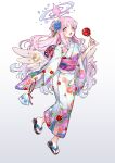  1girl bag blue_archive blue_flower candy_apple feathered_wings feet fish flip-flops flower food goldfish hair_bun hair_flower hair_ornament halo highres holding holding_bag japanese_clothes kimono long_hair long_sleeves looking_at_viewer mika_(blue_archive) open_mouth picter pink_hair plastic_bag purple_eyes sandals sash simple_background smile solo toenails toes white_background wings 