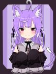  1girl ahoge animal_ear_fluff animal_ears black_bow black_bowtie black_dress black_ribbon blunt_bangs blush bow bowtie cat_ears cat_girl cat_tail closed_mouth collar commentary_request cowlick dress flat_chest frilled_dress frills grey_collar hair_ribbon kemonomimi_mode long_hair looking_at_viewer medium_bangs multicolored_hair nanashi_inc. off-shoulder_dress off_shoulder outline purple_hair red_eyes ribbon shisui_kiki shisui_kiki_(2nd_costume) sleeve_bow sleeves_past_fingers sleeves_past_wrists smile solo split_mouth streaked_hair tail upper_body very_long_hair virtual_youtuber white_outline yamapiyo 