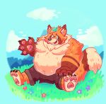  2023 anthro belly big_belly bottomwear canid canine claws clothing digital_media_(artwork) fluffy fluffy_tail fox hi_res hybrid leaf male mammal musclegut neck_tuft outside overweight overweight_male pawpads raccoon_dog shaded shorts solo tail tanuki torokko tuft tufted_ears 
